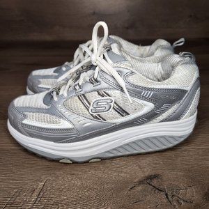 Skechers Shape Ups White/Sliver Athletic Walking Toning Shoes Sneakers Womens 7